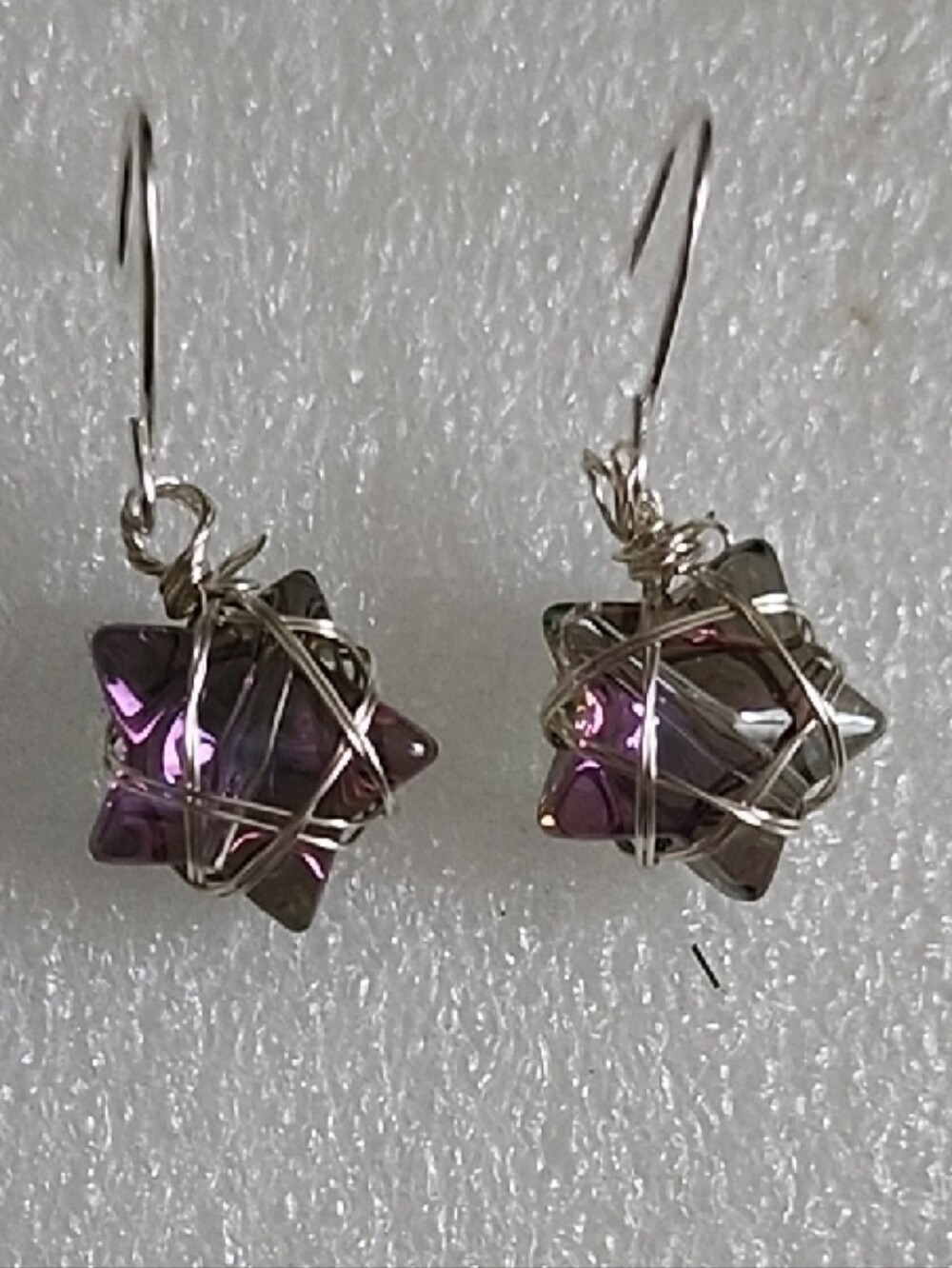 Hand Crafted Silver-Wrapped Purple Star Glass Earrings